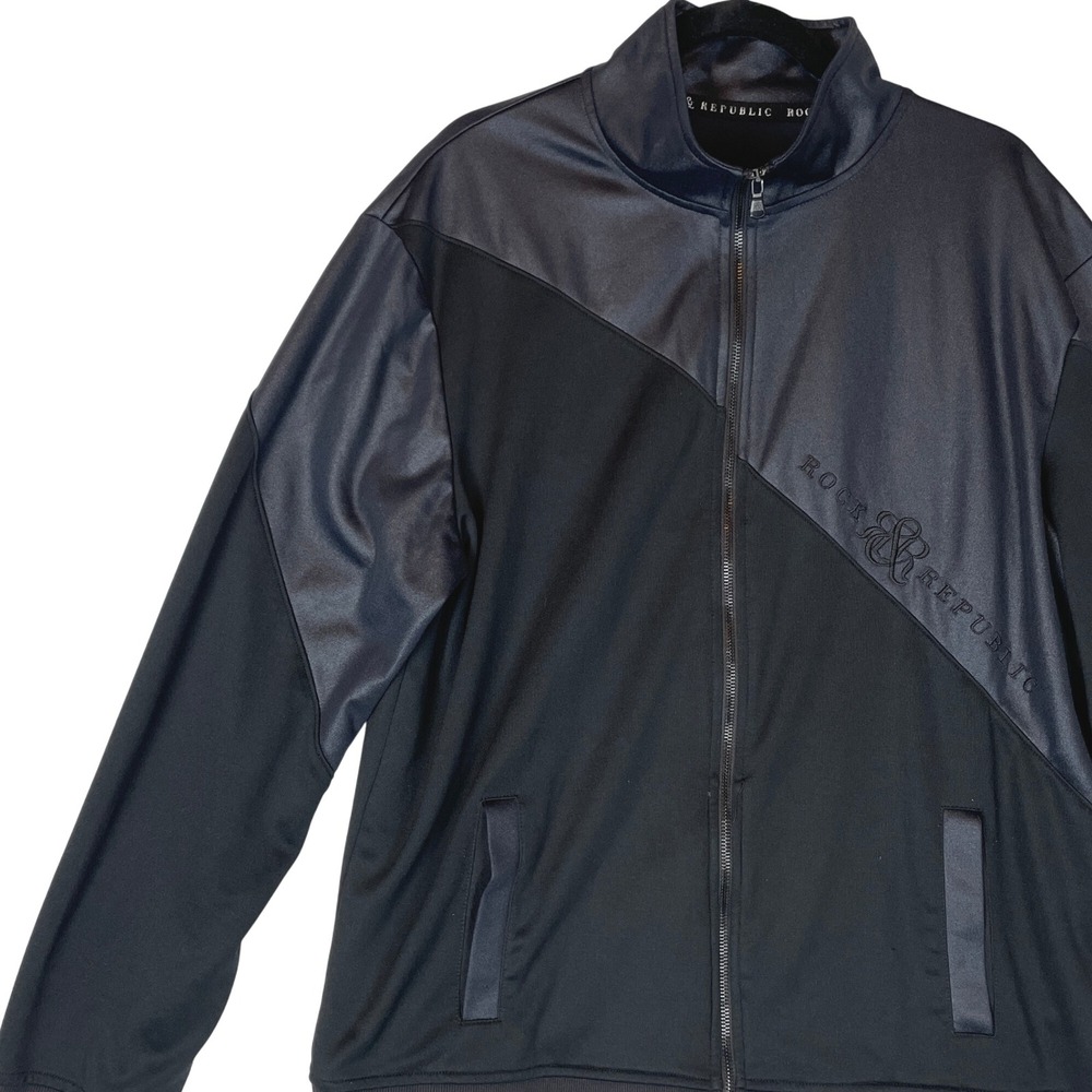Rock & Republic XXL Full Zip Jacket Black Faux Leather Trim Embroidered‎